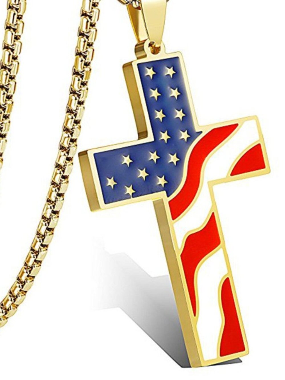 Gold Mens American Flag Cross Pendant Necklace Religious Christian Chain 24"